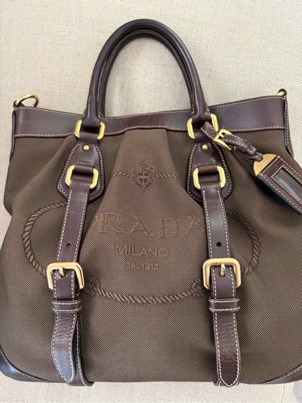 Prada Brown Canvas and Dark Brown Leather Crossbody Tote with Gold Hardware